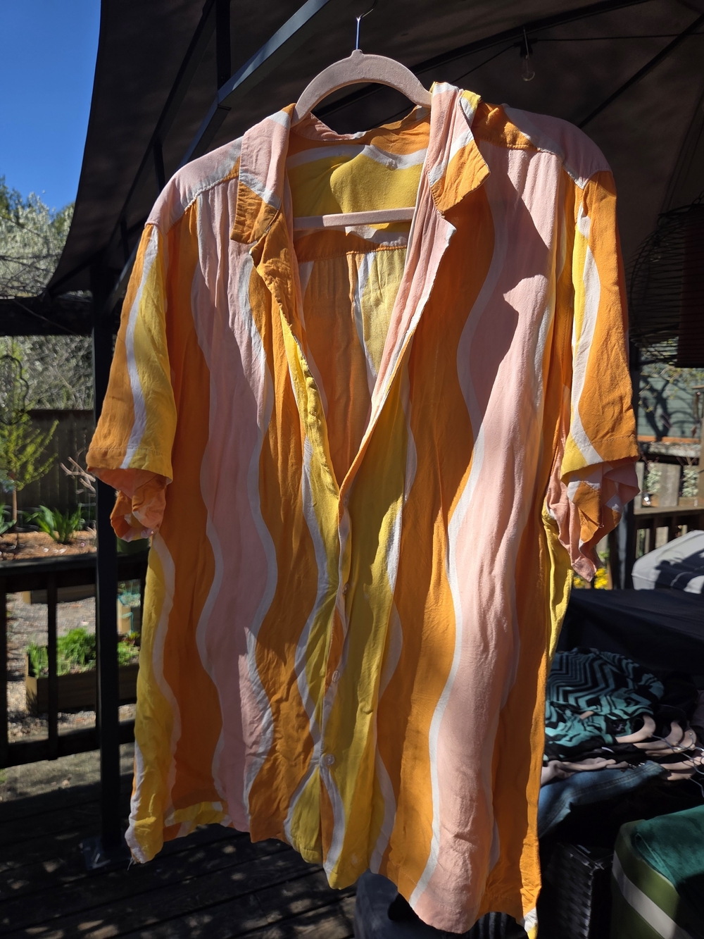 VTG 70s Wavy Stripe Cotton Camp Collar Shirt – 100% Cotton Retro Boho – OS